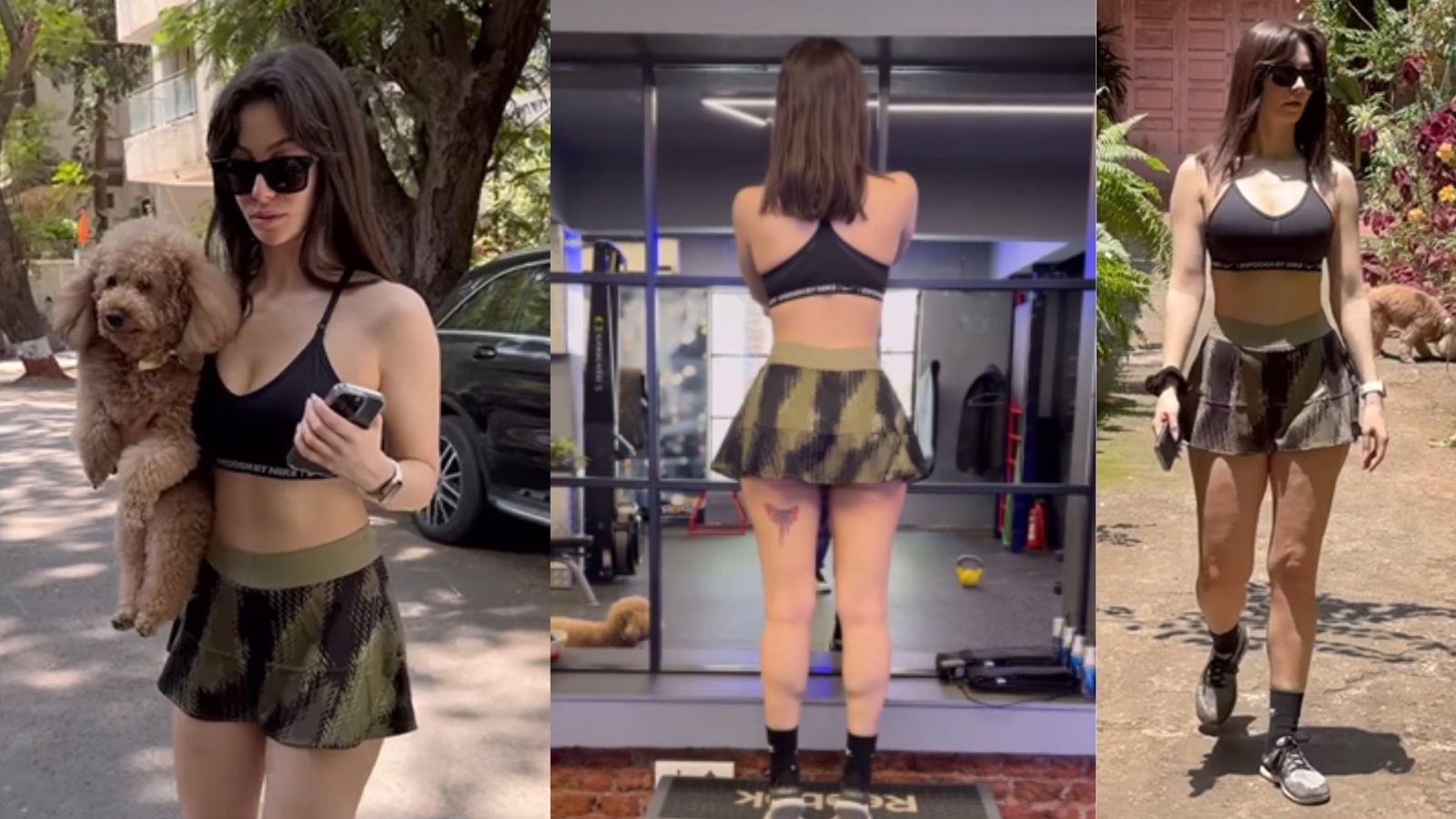 Giorgia Andriani flaunts her sexy toned physique in a black sports bra and a mini camouflage skirt as gets spotted post her gym session.